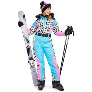 Tipsy Elves Ski Snow Suit Women's Size L Snow Leopard Pink Blue Faux Fur Read
